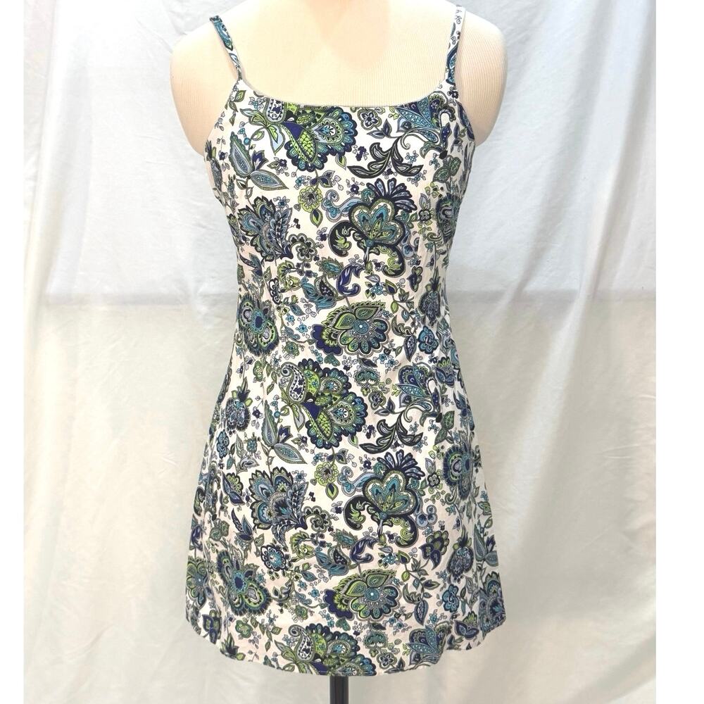 Aqua Blu Vintage Y2K Cotton Mini Dress Sundress Blue Green Paisley Floral